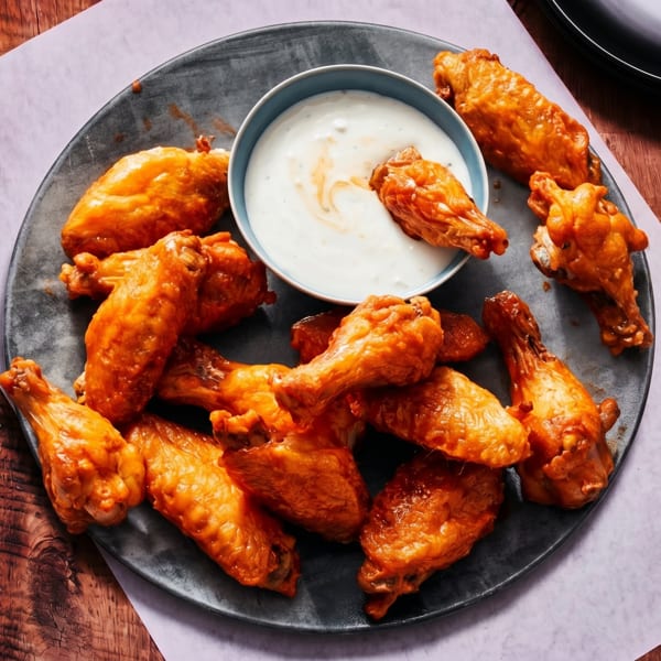 A plate of buffalo chicken wings with a side of ranch dressing, one wing dipped in the sauce.