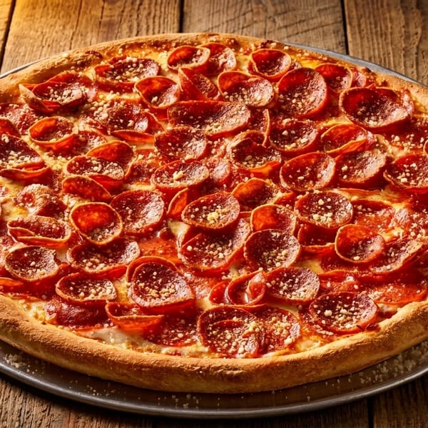 A large, hot pepperoni pizza with a golden crust sits on a metal pan on a wooden table.