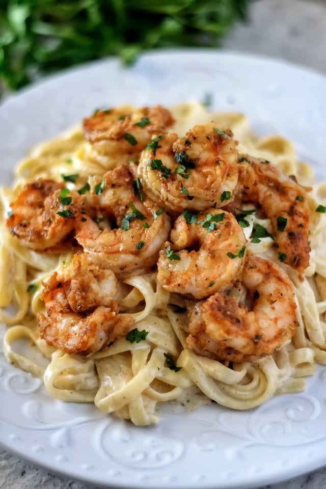 Baked Cajun Shrimp Alfredo.