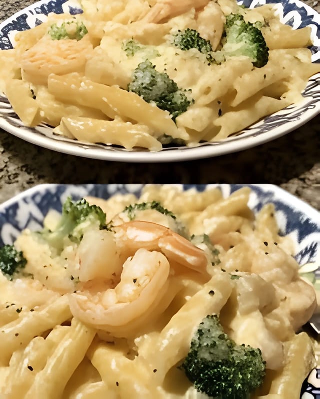 Shrimp Broccoli Alfredo Pasta.