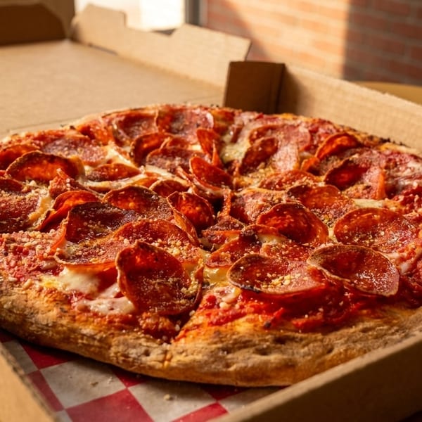 A whole pepperoni pizza with a slice removed, sitting in an open cardboard box.
